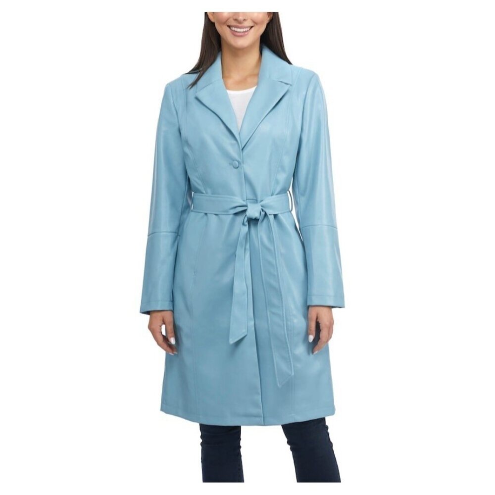 NVLT Vegan Trench Coat Womens‎ L Blue Faux Leather Lined Contemporary